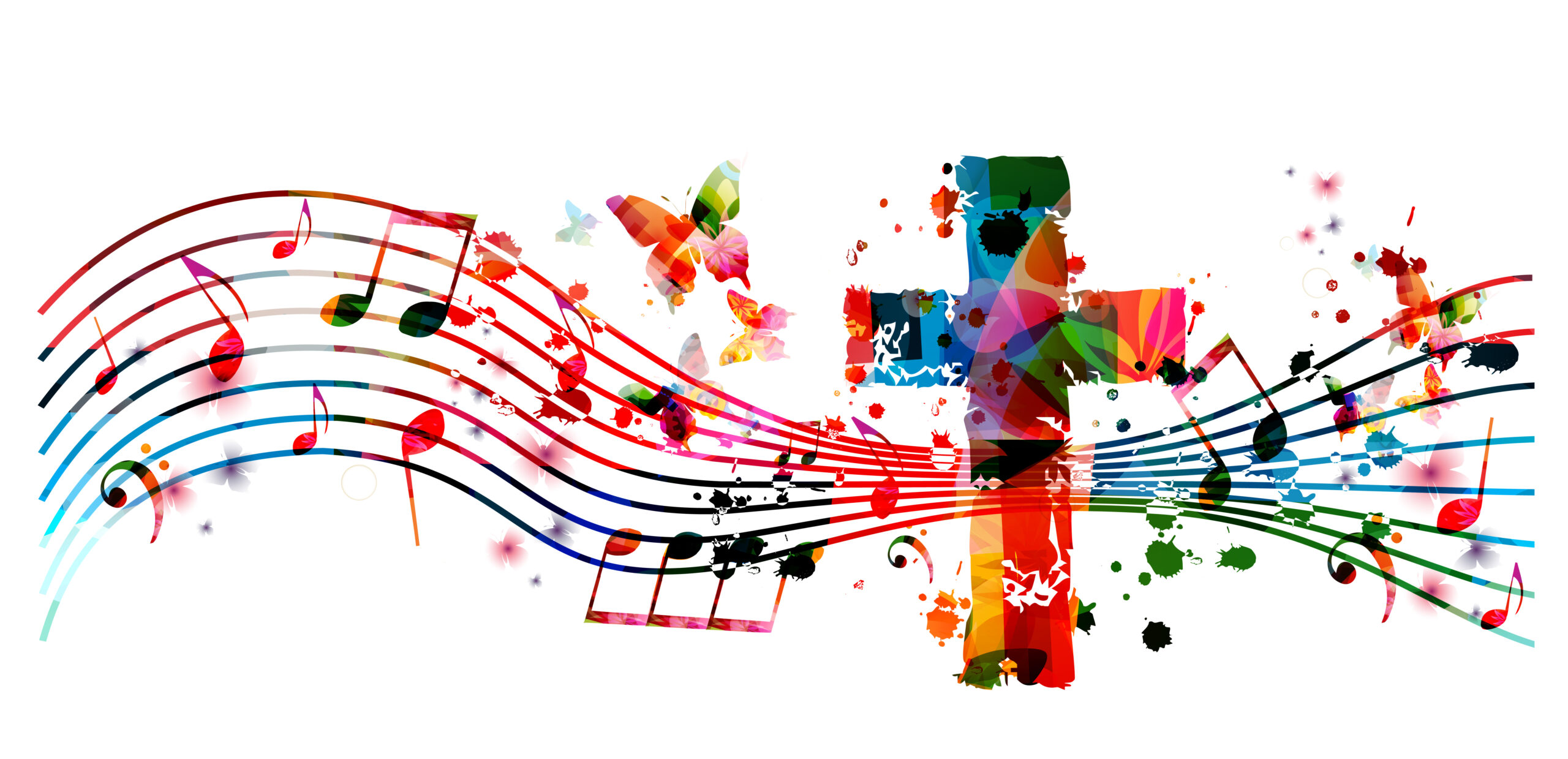 Colorful christian cross with music notes